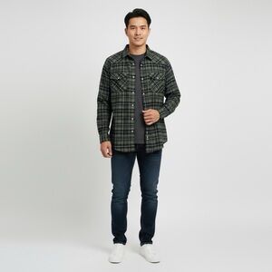 Plus Size Men's Green Plaid‎ Casual Button Down Long Sleeve Shirt Cotton Blend